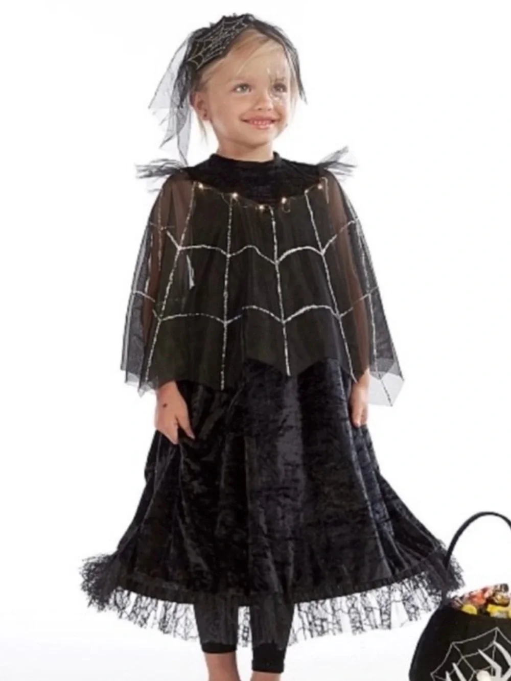 Pottery Barn Girls Black Spider Queen Costume Halloween Silver Web 2 Piece NWT